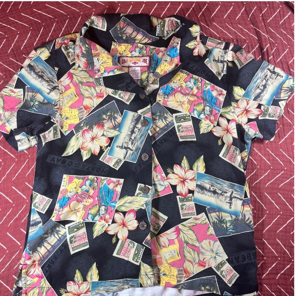 Caribbean Joe Hawaiian Shirt Aloha Tropical Stamp Print Mens Medium‎ Rayon